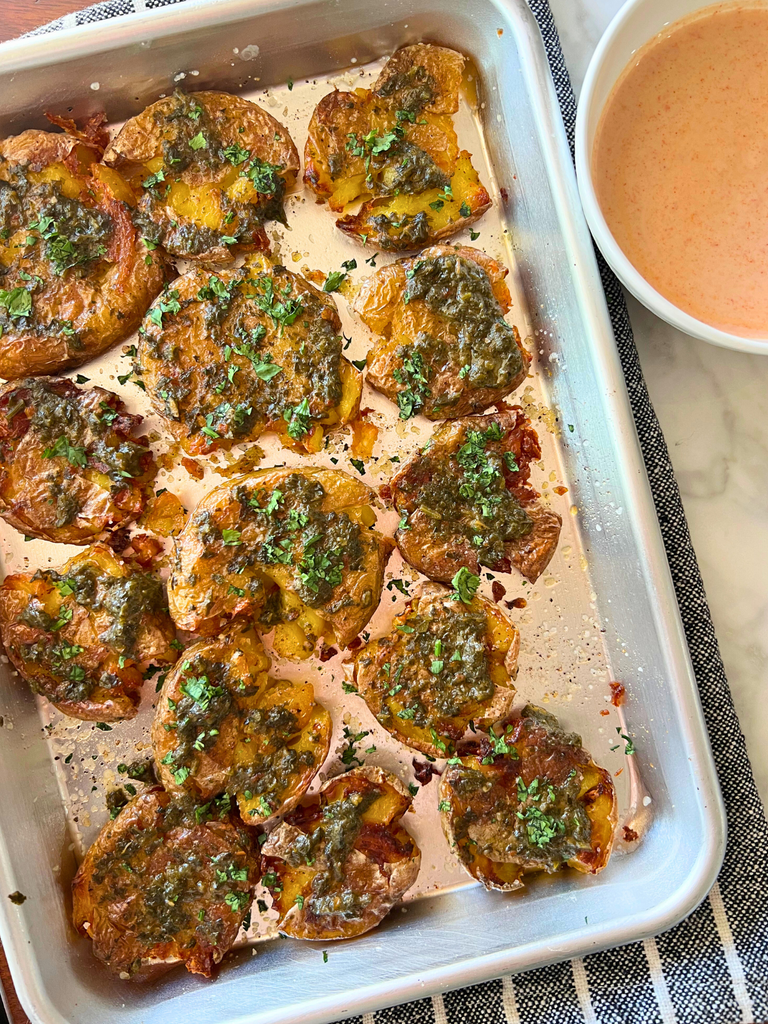 Chimichurri Smashed Potatoes with Sriracha Fuego Lime Dipping Sauce